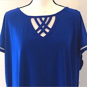 89th + Madison electric blue wide short sleeve rhinestone embellished top